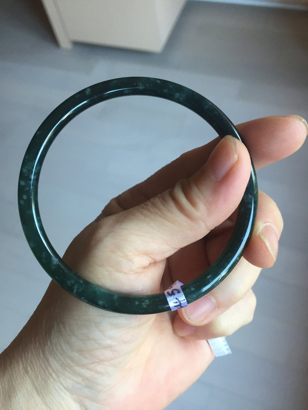 61.5mm Certified Type A 100% Natural dark green/blue/gray with flying snow Guatemala slim round cut Jadeite bangle PD21-4459