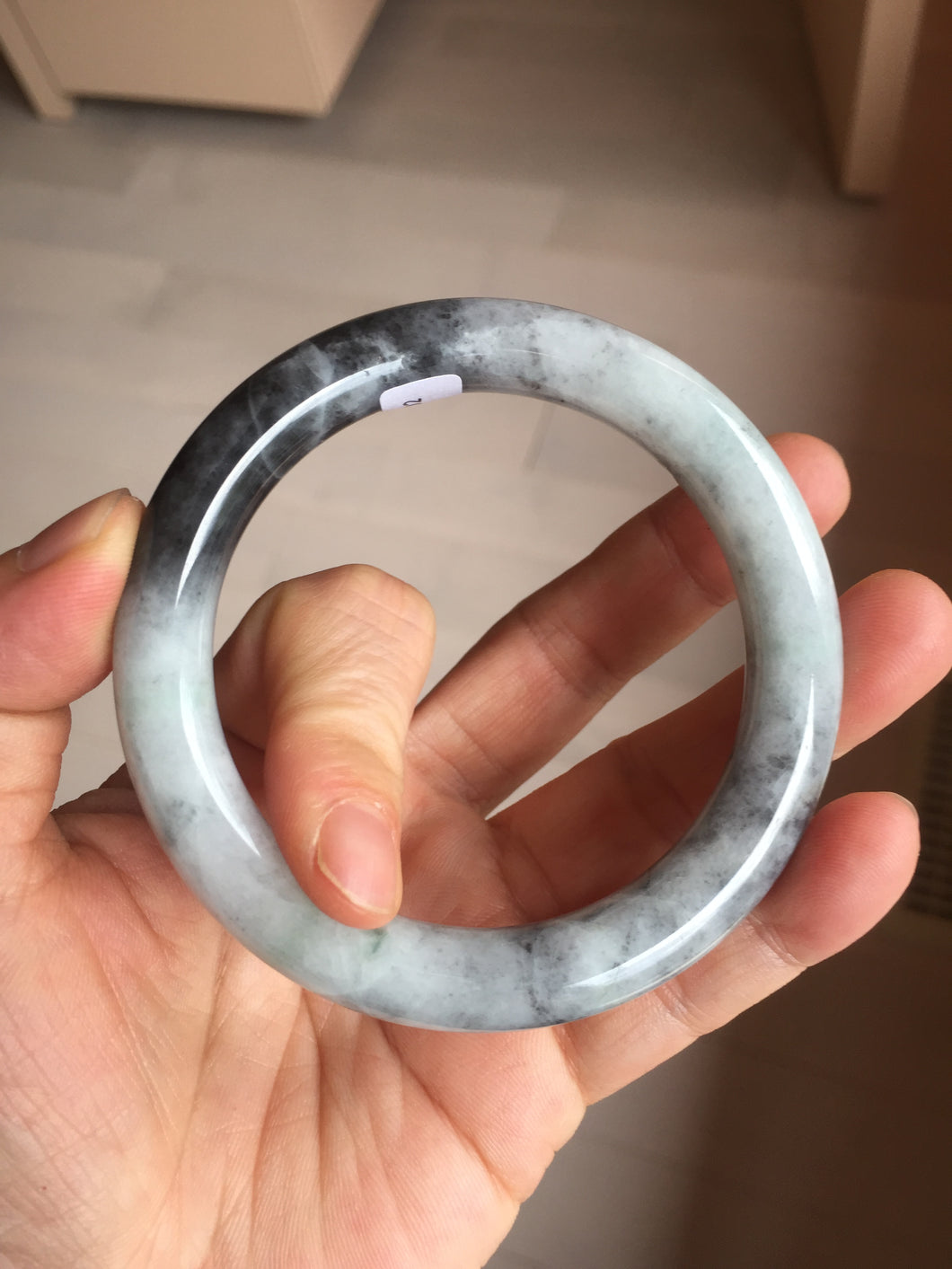 RESERVED! please don't order. Thank you. 55.5mm certified Type A 100% Natural black white light green (WuJi) chubby round cut Jadeite Jade bangle PB159-5845