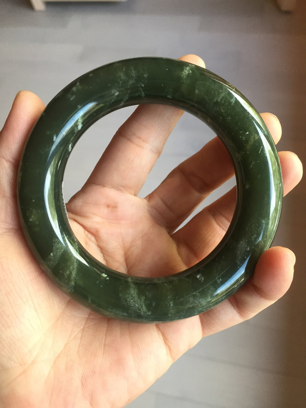 59.5mm certified 100% Natural dark green/gray (nebula dust) chubby round cut Hetian nephrite Jade bangle HF77-0207