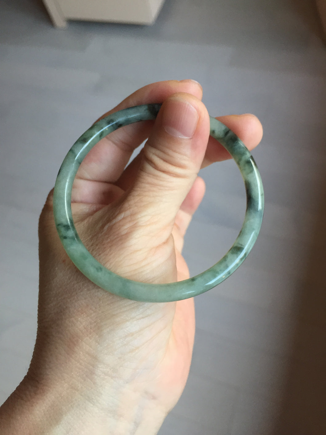 55.6mm Certified Type A 100% Natural green/black/gray with dark green floating flowers slim round cut Jadeite bangle PD45-5754