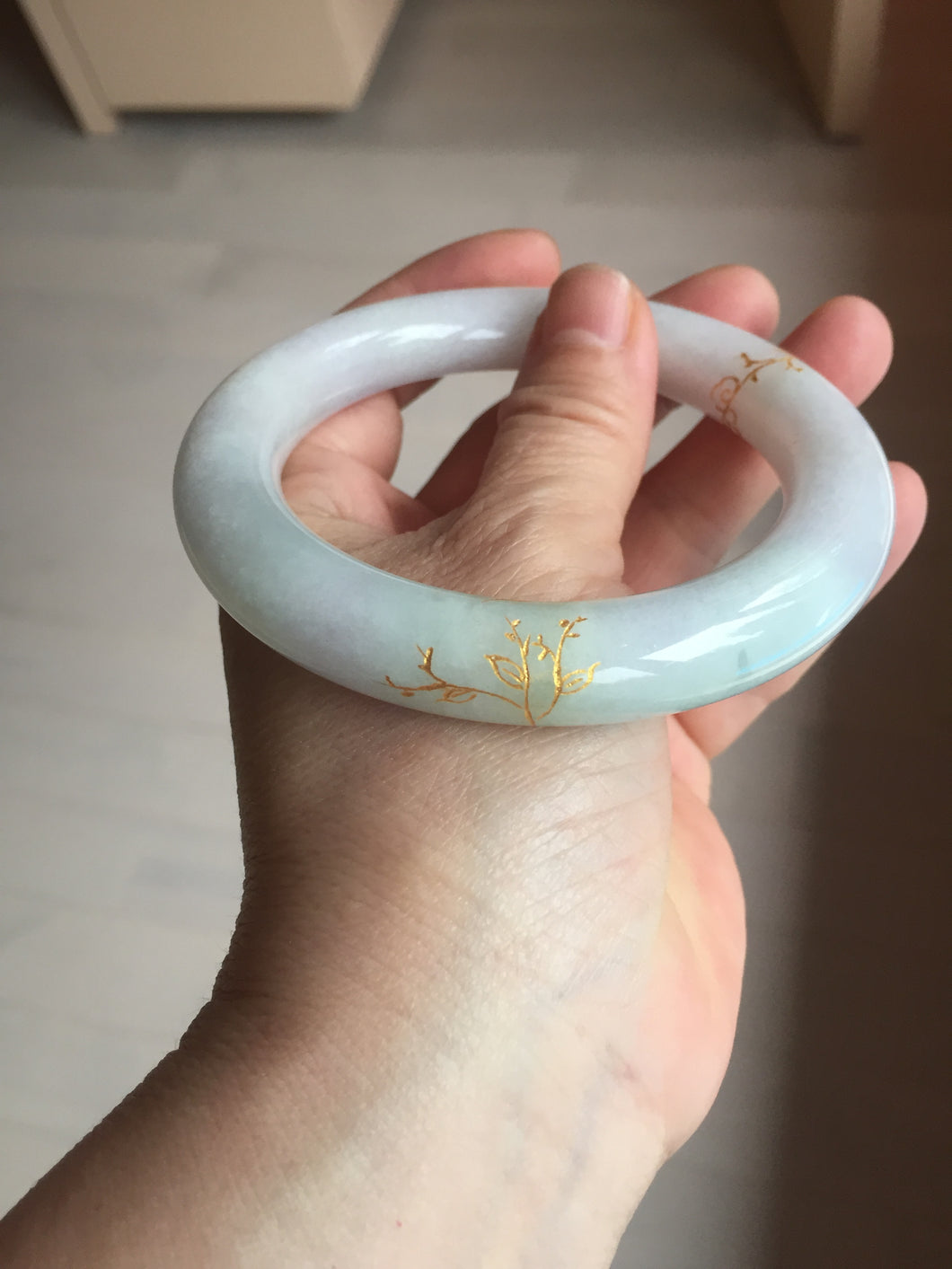 59.2mm Certified 100% Natural type A light green/purple carved and golden-painted chubby round cut Jadeite Jade bangle PA174-(8571)