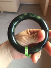 Load image into Gallery viewer, 57.9mm Certified 100% Natural dark green with light green fern frost chubby round cut nephrite Hetian Jade bangle HT103-0792
