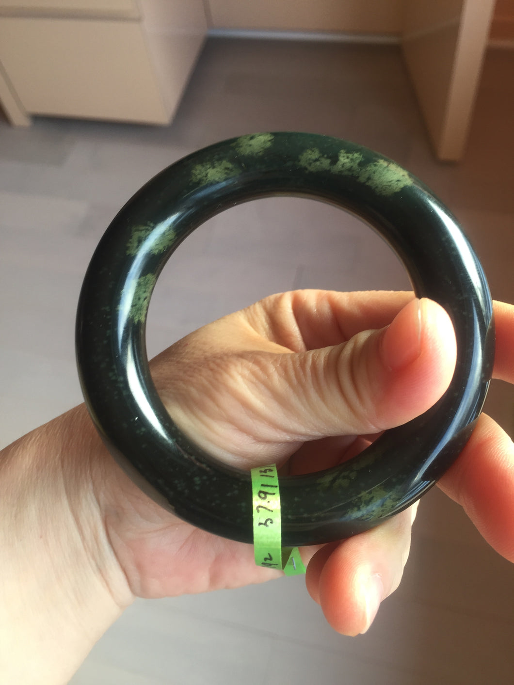 57.9mm Certified 100% Natural dark green with light green fern frost chubby round cut nephrite Hetian Jade bangle HT103-0792