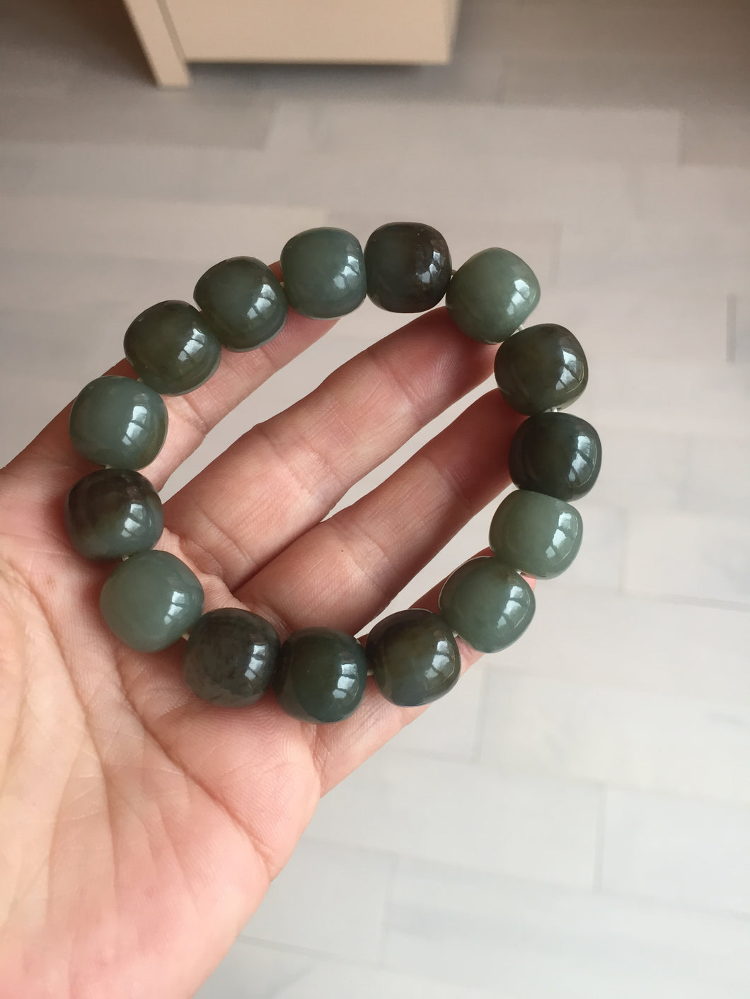 14x13.2mm 100% Natural olive green/brown/black sugar vintage style nephrite Hetian Jade bead bracelet HE87