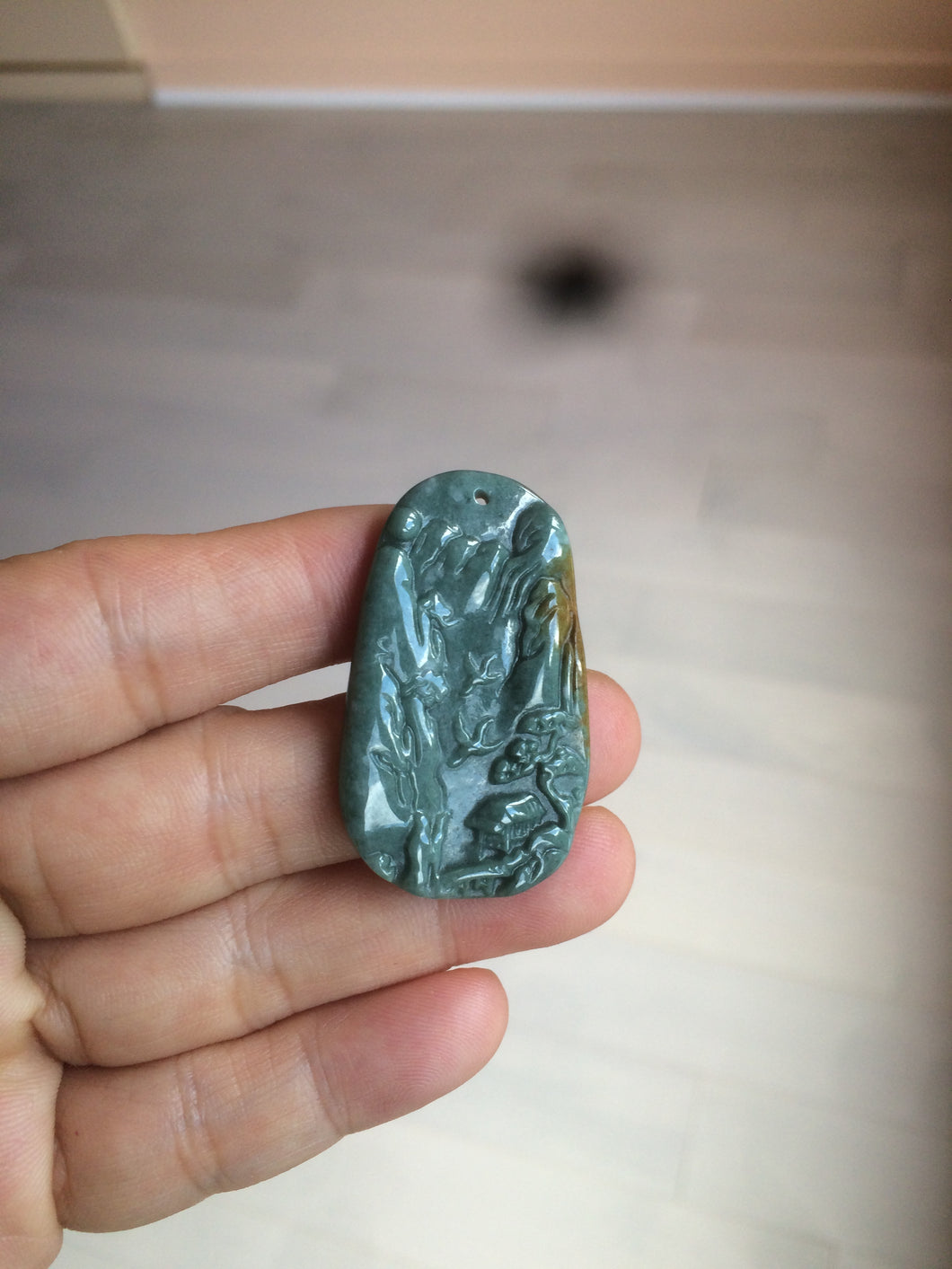 100% natural green/blue/gray/yellow Guatemala jadeite jade landscape(山水) pendant AQ74