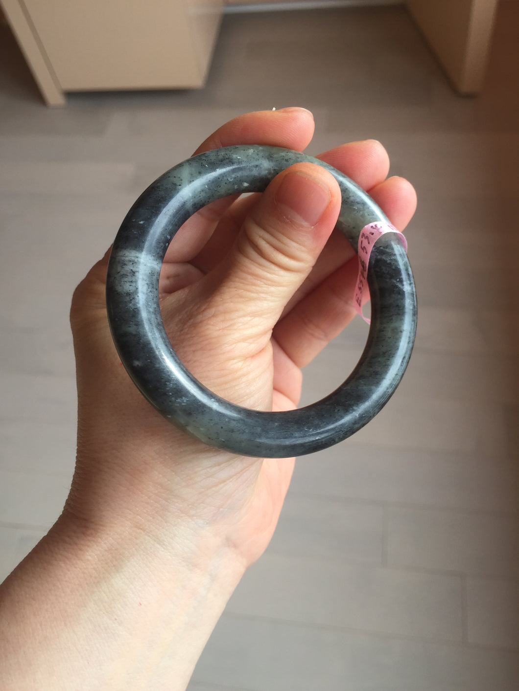 53.4mm Certified 100% Natural black/gray sesame paste 芝麻糊 青花round cut nephrite Jade bangle HHE102-5546