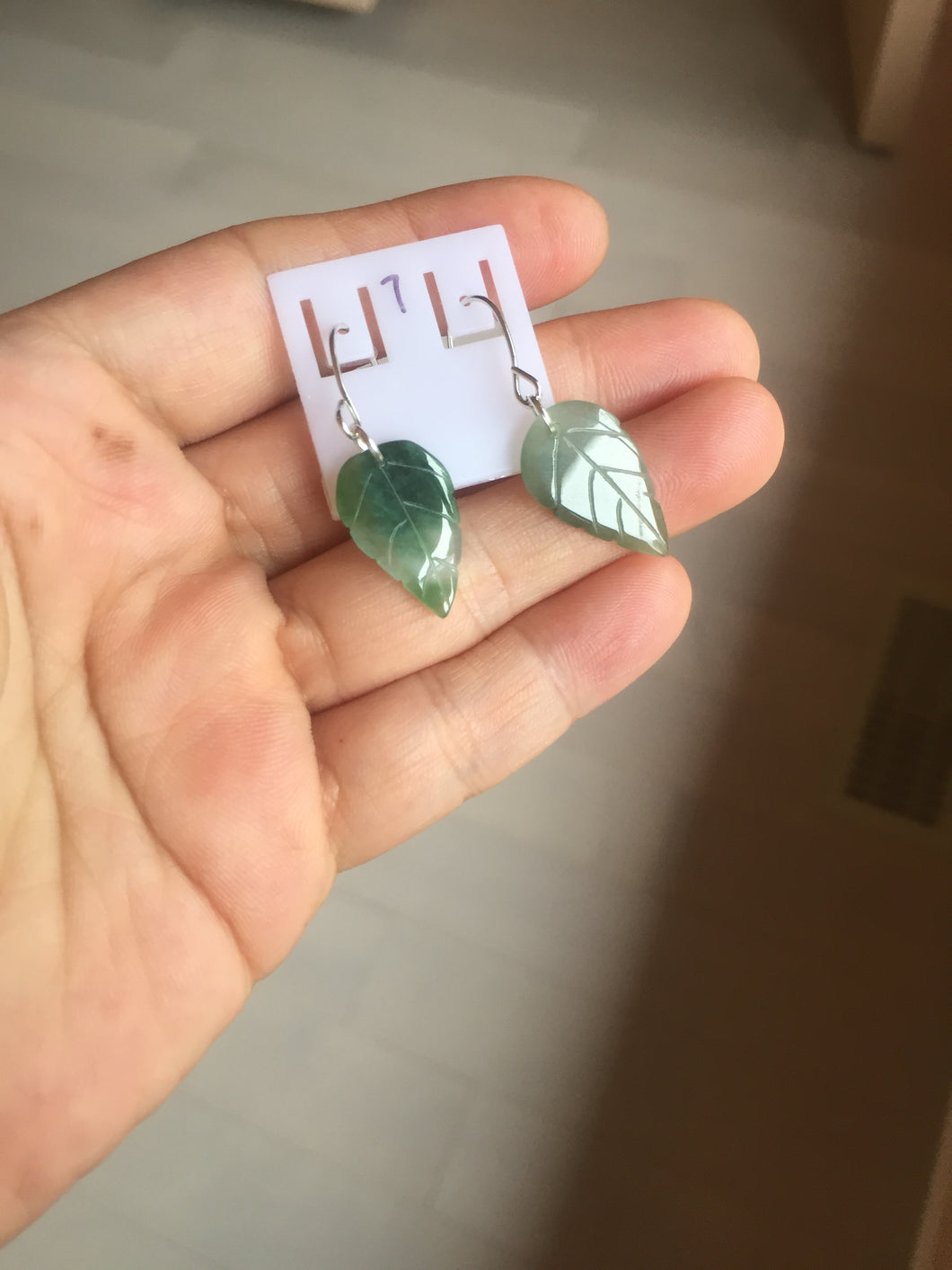 100% natural type A icy watery dark green jadeite jade leaf earring PC25-7