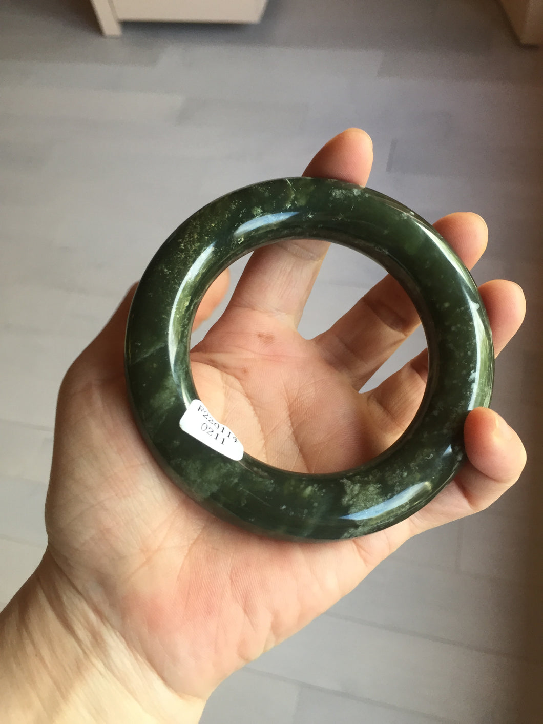58.5mm certified 100% Natural dark green/gray (nebula dust) chubby round cut Hetian nephrite Jade bangle HF75-0211