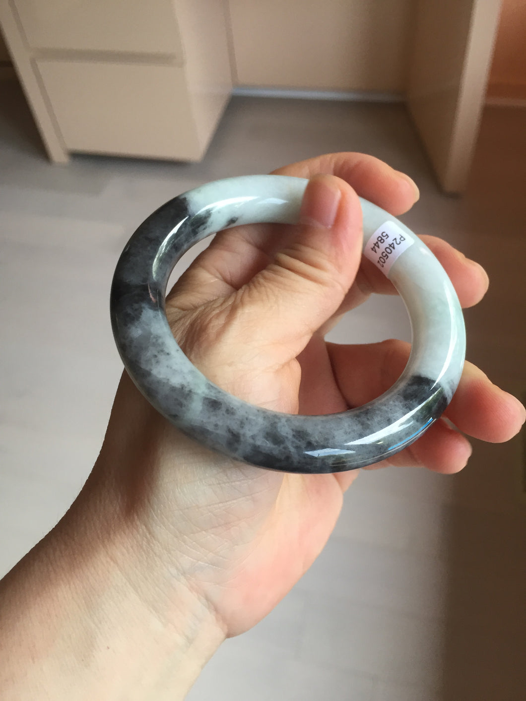 卖了  56.2mm Certified 100% natural Type A black/white(wuji) chubby round cut jadeite jade bangle BP31-5844