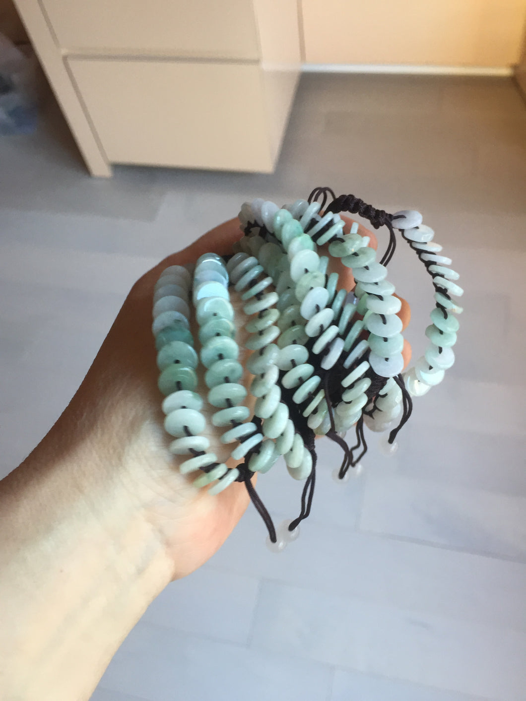 100% natural type A green white Safety Guardian Button donut jadeite jade thread woven bracelets PD99