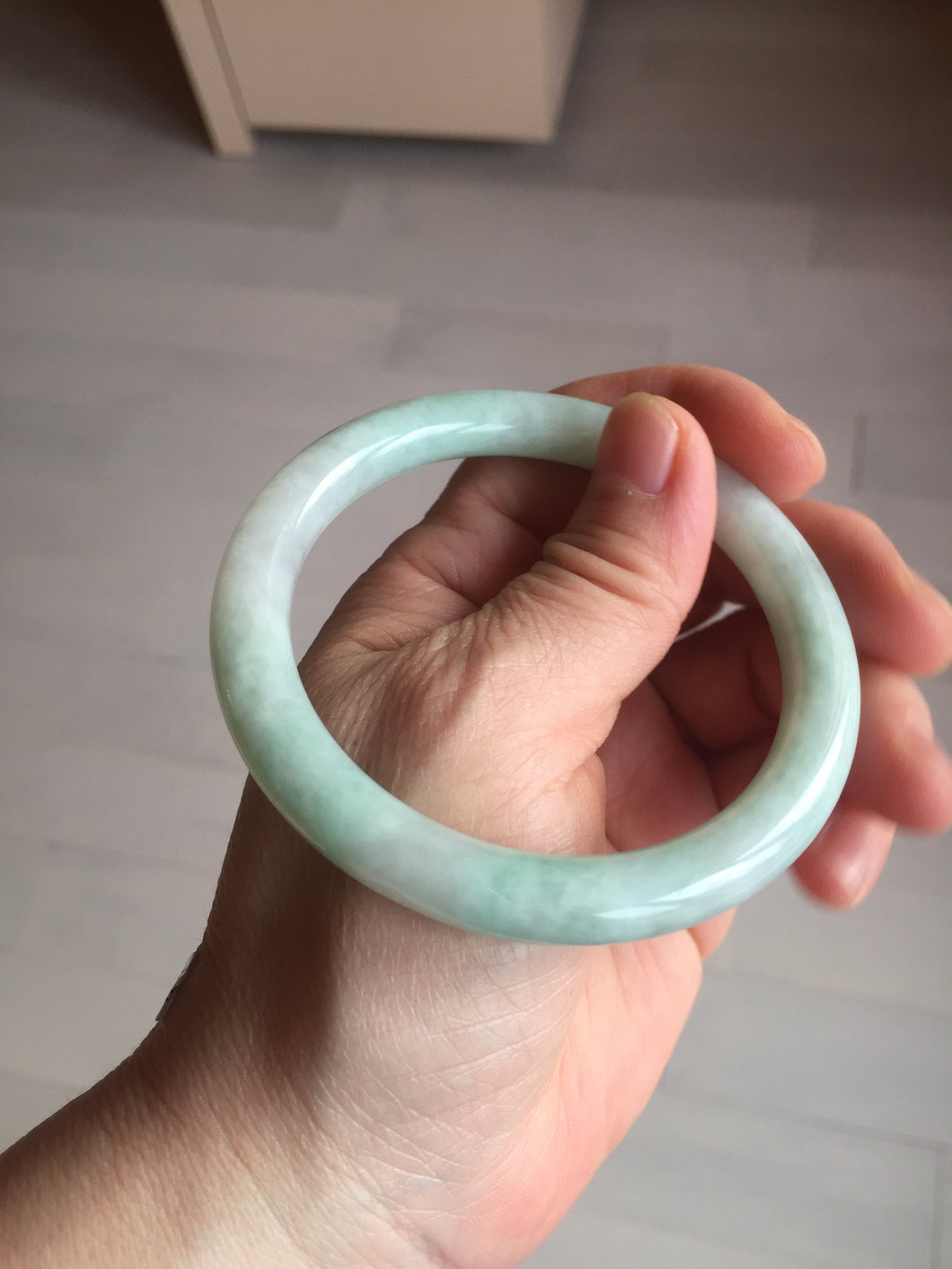 56.5mm certified 100% natural type A white/sunny green round cut jadeite jade bangle AU36-9818