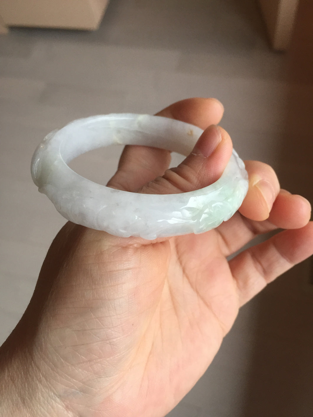53mm Certified Type A 100% Natural purple/yellow/white(FU LU SHOU) vintage style with carved flowers Jadeite Jade bangle BM39-9682