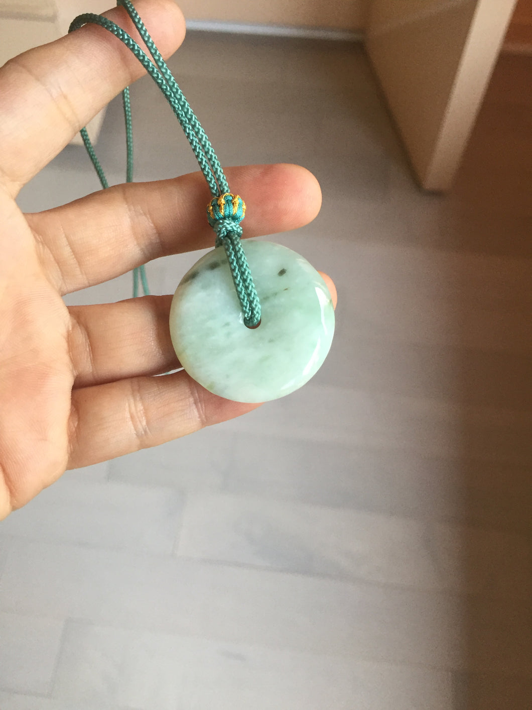 34.4mm Type A 100% Natural light green Jadeite Jade Safety Guardian Button donuts pendant PA107