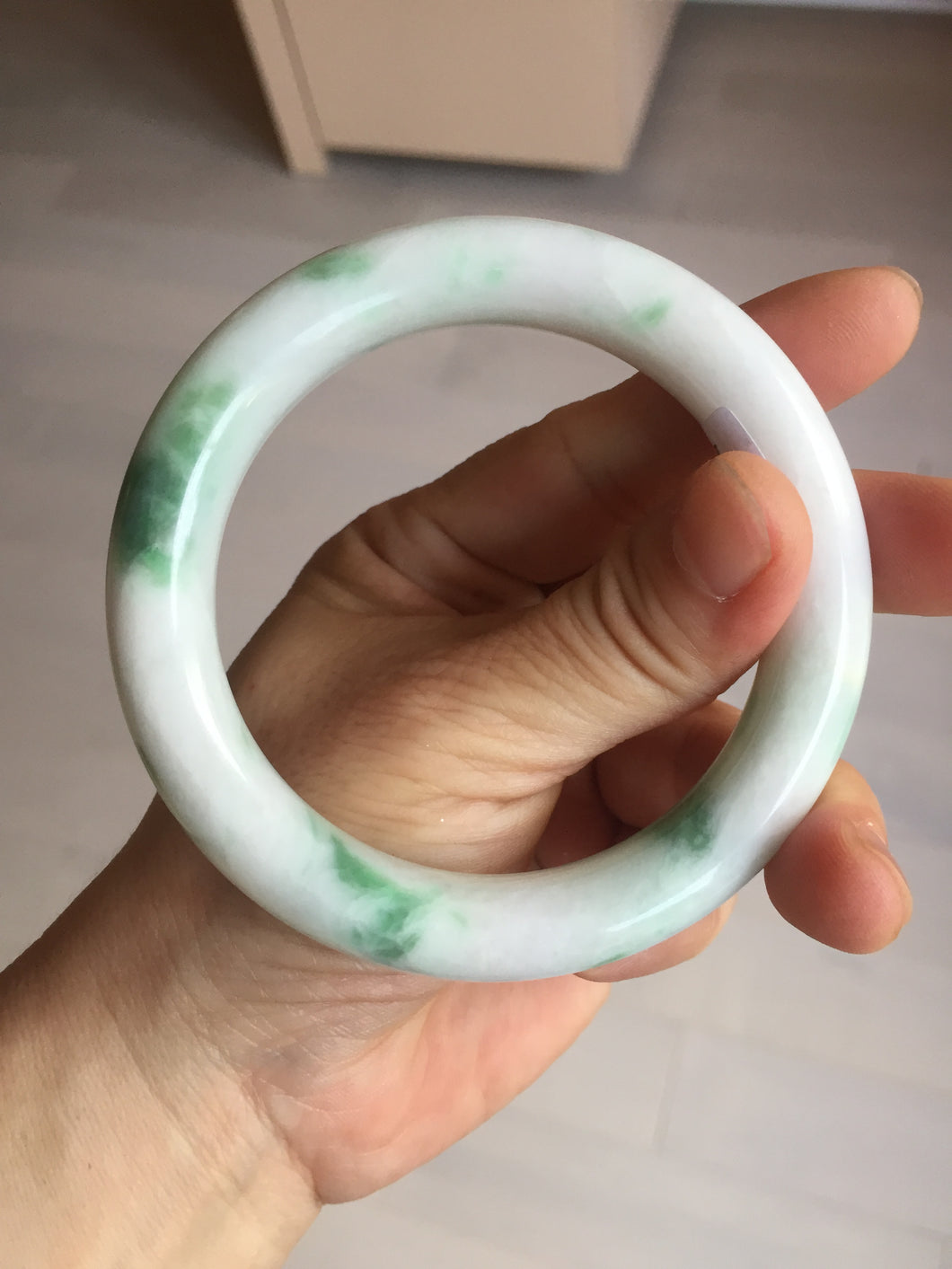 57.8mm certified type A 100% Natural sunny green/white chubby round cut jadeite jade bangle BP9-4996