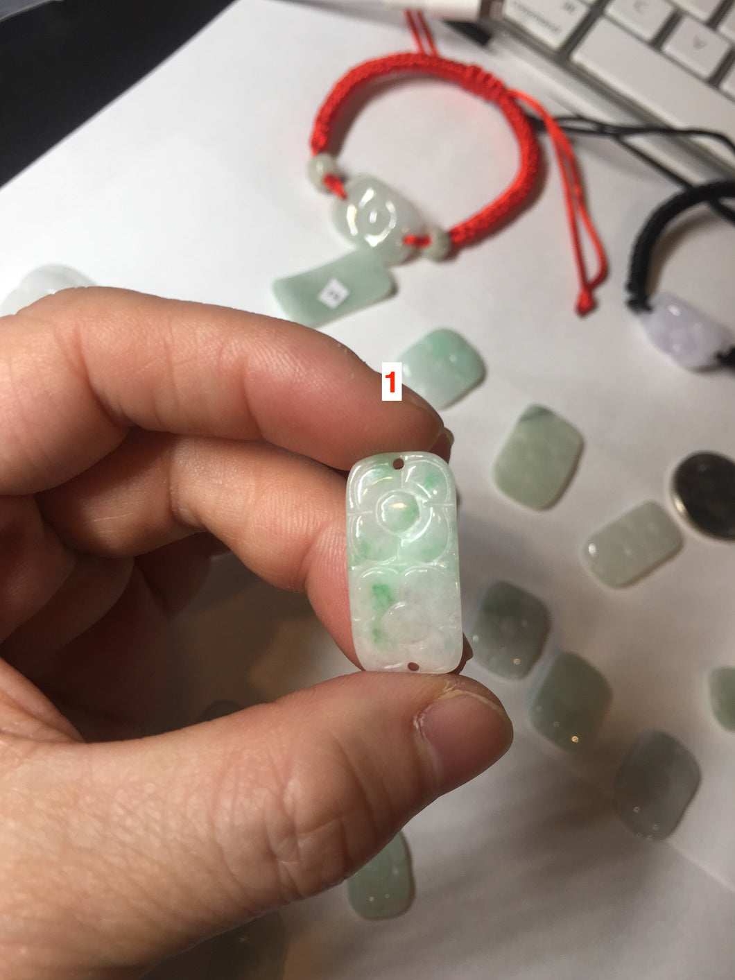 Type A 100% Natural light green/white/purple carving flowers woven thread Jadeite Jade bracelet BL35