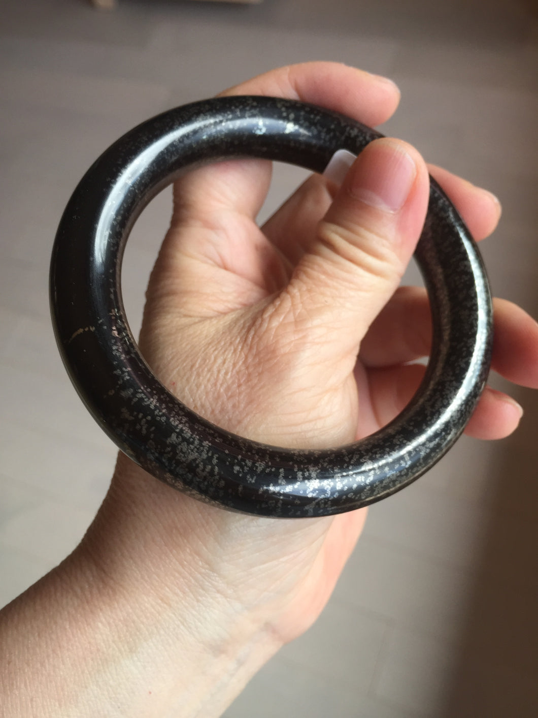 62.5mm certified 100% Natural black(MO YU 墨玉) meteorite Stellar Night sky chubby round cut nephrite bangle HF120-8235