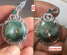 Load image into Gallery viewer, Type A 100% Natural dark green with green floating flowers Jadeite Jade Safety Guardian Button donuts Pendant group X138
