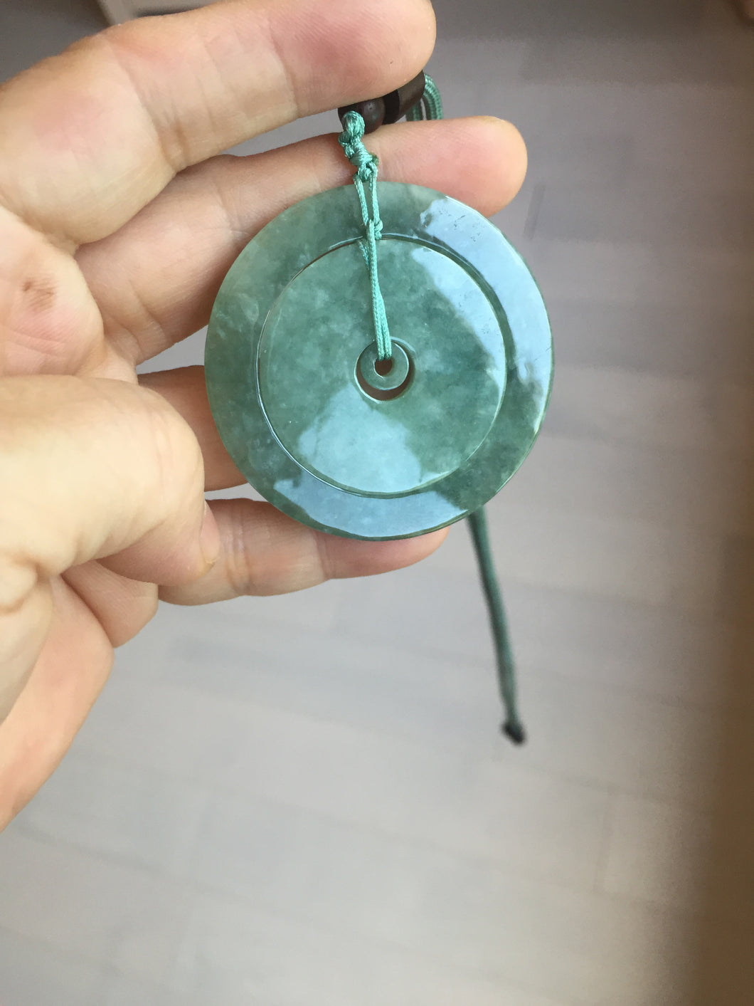 48mm Type A 100% Natural icy dark green/gray Jadeite Jade safety Guardian donut Pendant PB195-2