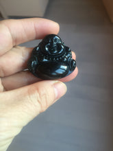 Load image into Gallery viewer, 100% Natural dark green/black jadeite jade(Mocui, 墨翠) happy buddha Pendant/handhold worry stone BL138
