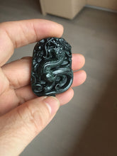 Load image into Gallery viewer, 100% Natural clear dark green/black jadeite jade(Mocui, 墨翠) dragon Pendant/handhold worry stone BL128
