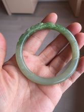 Load image into Gallery viewer, 54.3mm certificated 100% Natural green/gray 翠青 with carved peony slim nephrite Jade bangle HHE101-8780
