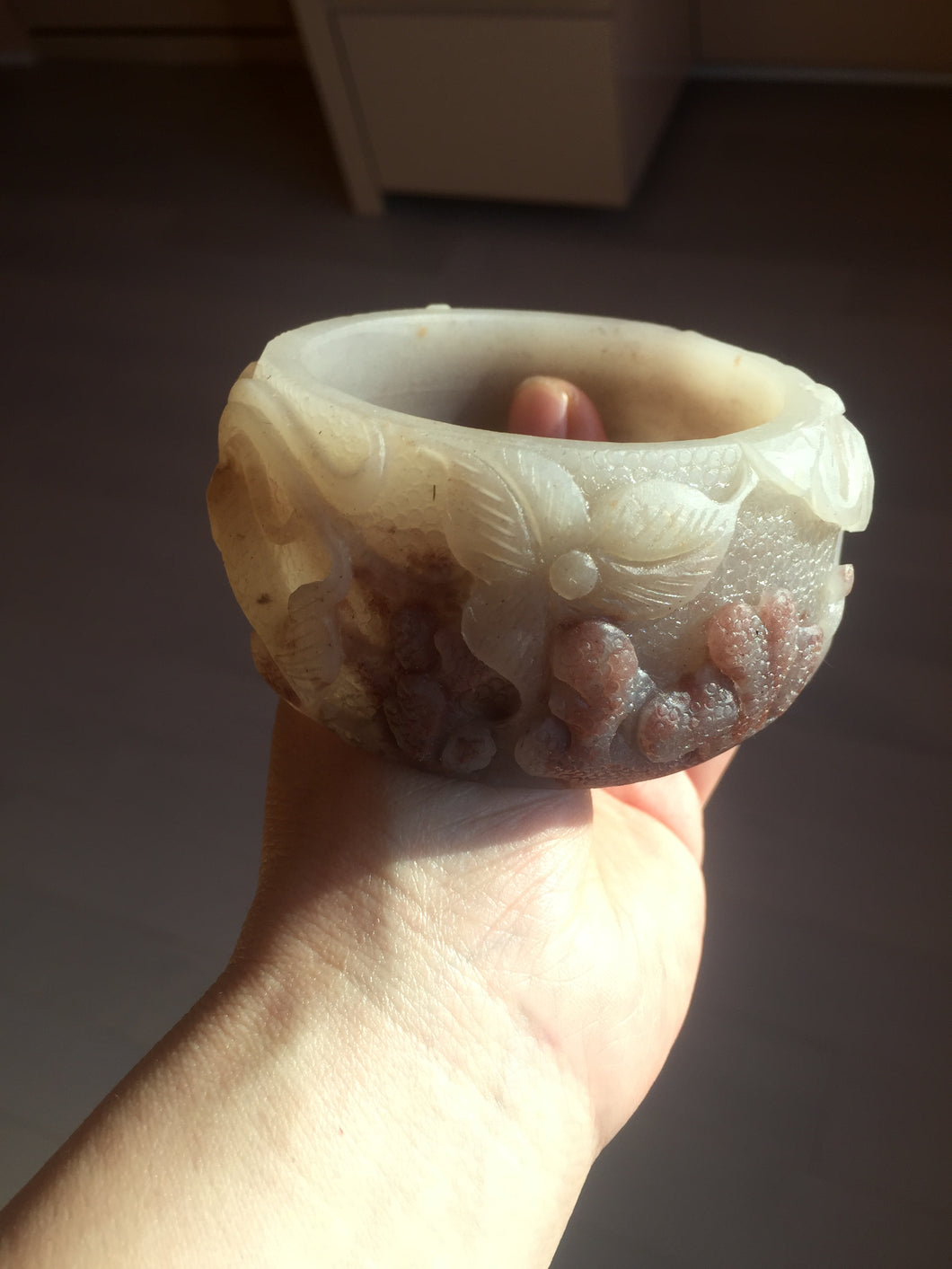 59mm 100% natural light red/brown/gray fish and lotus flowers(年年有余, 和和美美) Quartzite (Shetaicui jade) carved bangle  Sy114