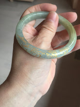 Load image into Gallery viewer, 54.9mm 100% Natural type A dark green yellow carved flowers and golden-painted Jadeite Jade bangle PD97-0277
