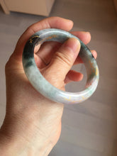 Load image into Gallery viewer, 56.5mm 100% Natural type A sunny green purple brown gray white carved flowers and golden-painted Jadeite Jade bangle BG232
