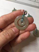 Load image into Gallery viewer, 24.8mm Type A 100% Natural oily light green/gray Jadeite Jade concentric circle safety Guardian ring Pendant (子母扣,同心环) AY96
