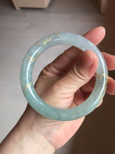 Load image into Gallery viewer, 55.5mm 100% Natural type A icy watery green/blue carved and golden-painted chubby round cut Jadeite Jade bangle PC74
