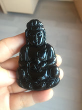 Load image into Gallery viewer, 100% Natural dark green/black jadeite jade(Mocui, 墨翠) GuanYin(观音) Pendant/handhold worry stone BL142
