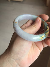 Load image into Gallery viewer, 53.6mm 100% Natural type A dark green purple white carved plum bossom and golden-painted Jadeite Jade bangle PD91-0269
