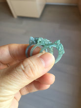 Load image into Gallery viewer, Size 7 3/4 100% natural type A icy watery oily dark green/blue/gray/purple/black one-piece carved dragon slim jadeite jade ring group PB117
