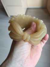 Load image into Gallery viewer, 55.3mm 100% natural yellow brown carved Peony and bow Quartzite (Shetaicui jade) bangle XY98
