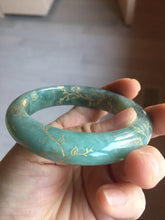 Load image into Gallery viewer, 56mm 100% Natural type A green/gray carved flowers and golden-painted Jadeite Jade bangle PB249-5681
