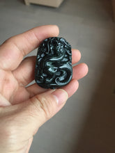 Load image into Gallery viewer, 100% Natural clear dark green/black jadeite jade(Mocui, 墨翠) dragon Pendant/handhold worry stone BL128
