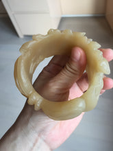 Load image into Gallery viewer, 55.3mm 100% natural yellow brown carved Peony and bow Quartzite (Shetaicui jade) bangle XY98
