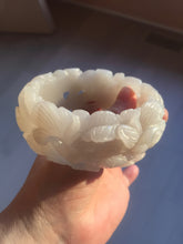 Load image into Gallery viewer, 60mm 100% natural white gray carved Peony and flowers Quartzite (Shetaicui jade) bangle SY109
