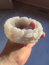 Load image into Gallery viewer, 60mm 100% natural white gray carved Peony and flowers Quartzite (Shetaicui jade) bangle SY109
