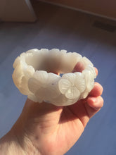 Load image into Gallery viewer, 60mm 100% natural white gray carved Peony and flowers Quartzite (Shetaicui jade) bangle SY109
