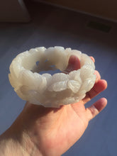 Load image into Gallery viewer, 60mm 100% natural white gray carved Peony and flowers Quartzite (Shetaicui jade) bangle SY109
