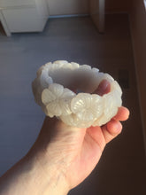 Load image into Gallery viewer, 60mm 100% natural white gray carved Peony and flowers Quartzite (Shetaicui jade) bangle SY109
