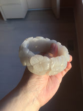 Load image into Gallery viewer, 60mm 100% natural white gray carved Peony and flowers Quartzite (Shetaicui jade) bangle SY109
