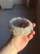 Load image into Gallery viewer, 60mm 100% natural white gray carved Peony and flowers Quartzite (Shetaicui jade) bangle SY109
