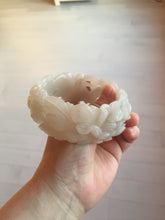 Load image into Gallery viewer, 60mm 100% natural white gray carved Peony and flowers Quartzite (Shetaicui jade) bangle SY109
