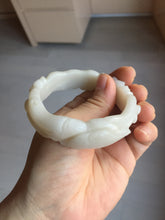 Load image into Gallery viewer, 53mm 100% natural light beige white Quartzite (Shetaicui jade) carved Magpie and plum blossom bangle SY107
