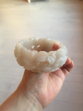 Load image into Gallery viewer, 60mm 100% natural white gray carved Peony and flowers Quartzite (Shetaicui jade) bangle SY109
