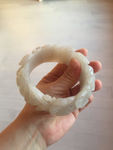 Load image into Gallery viewer, 60mm 100% natural white gray carved Peony and flowers Quartzite (Shetaicui jade) bangle SY109
