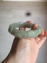 Load image into Gallery viewer, 59.5mm 100% natural light green/gray Quartzite (Shetaicui jade) carved flowers bangle XY61
