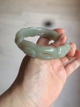 Load image into Gallery viewer, 59.5mm 100% natural light green/gray Quartzite (Shetaicui jade) carved flowers bangle XY61
